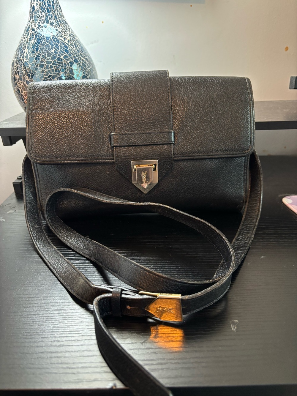 Authentic Rare Vintage YSL Cassandre Grained Leather Crossbody Flap Bag Black